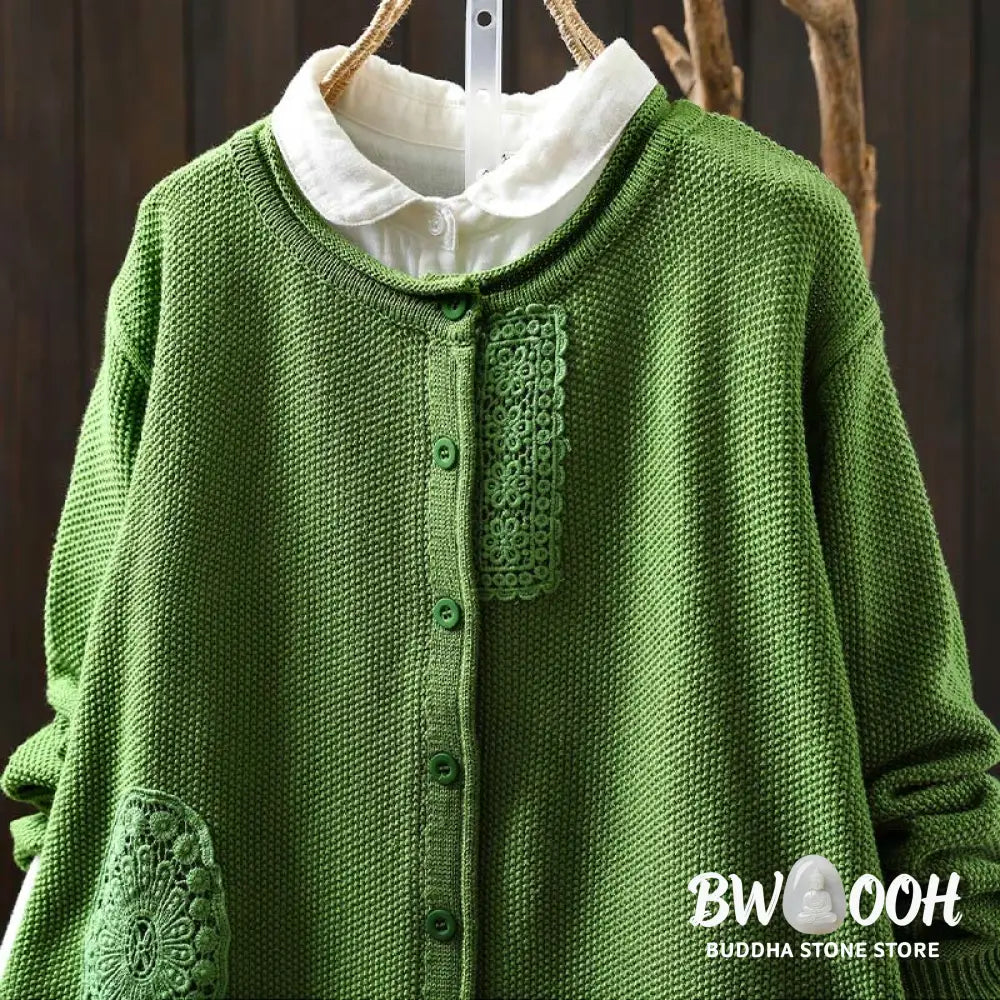 Buddha Stones Fall Floral Buttons Cotton Women’s Long Sleeve Knitted Cardigan Sweater - Women’s Cardigan