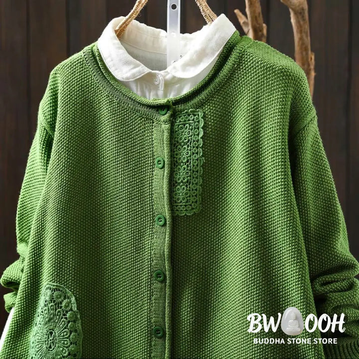 Buddha Stones Fall Floral Buttons Cotton Women’s Long Sleeve Knitted Cardigan Sweater - Women’s Cardigan