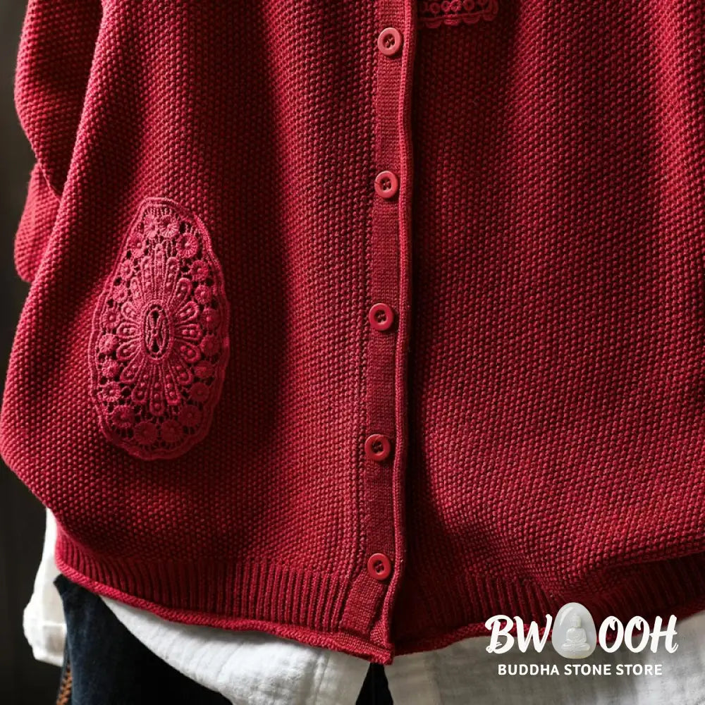 Buddha Stones Fall Floral Buttons Cotton Women’s Long Sleeve Knitted Cardigan Sweater - Women’s Cardigan