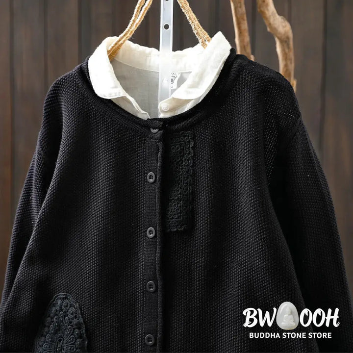 Buddha Stones Fall Floral Buttons Cotton Women’s Long Sleeve Knitted Cardigan Sweater - Women’s Cardigan