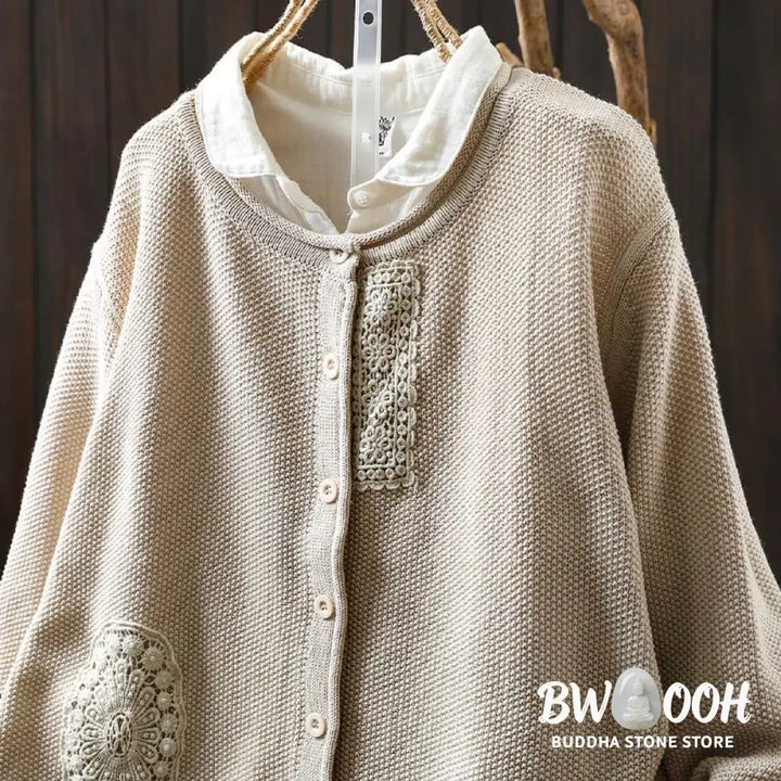 Buddha Stones Fall Floral Buttons Cotton Women’s Long Sleeve Knitted Cardigan Sweater - Women’s Cardigan