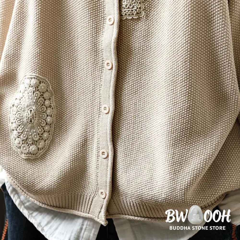 Buddha Stones Fall Floral Buttons Cotton Women’s Long Sleeve Knitted Cardigan Sweater - Women’s Cardigan