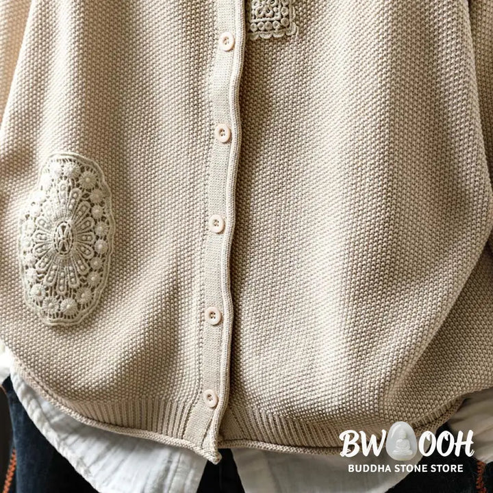 Buddha Stones Fall Floral Buttons Cotton Women’s Long Sleeve Knitted Cardigan Sweater - Women’s Cardigan