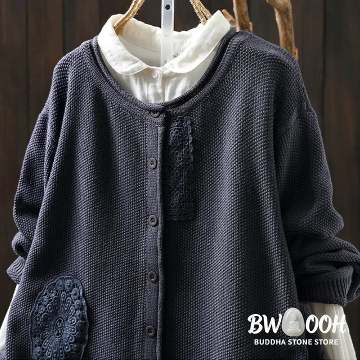 Buddha Stones Fall Floral Buttons Cotton Women’s Long Sleeve Knitted Cardigan Sweater - Women’s Cardigan