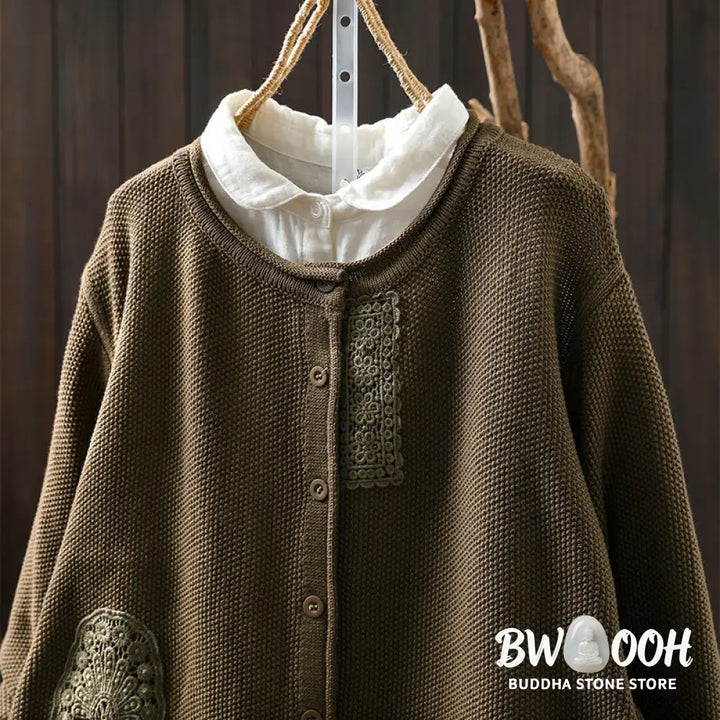 Buddha Stones Fall Floral Buttons Cotton Women’s Long Sleeve Knitted Cardigan Sweater - Women’s Cardigan