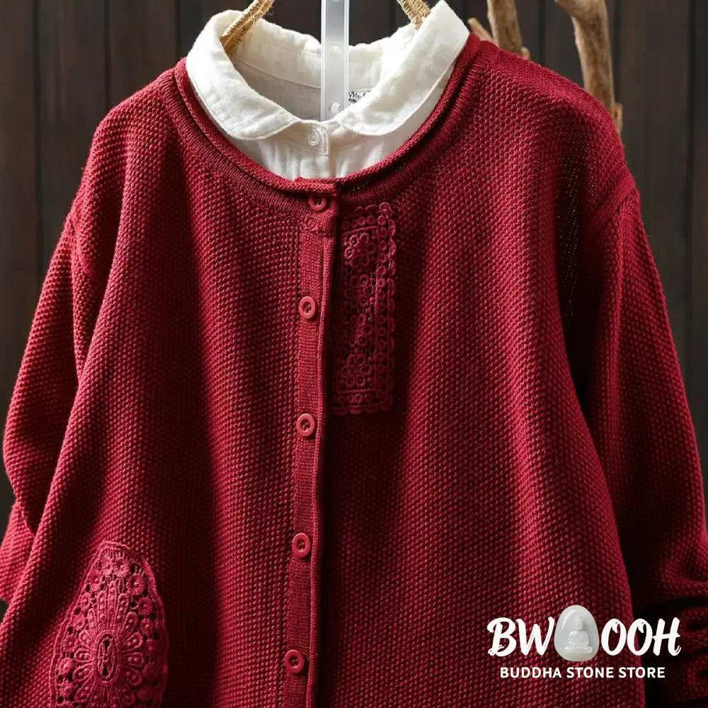 Buddha Stones Fall Floral Buttons Cotton Women’s Long Sleeve Knitted Cardigan Sweater - Women’s Cardigan