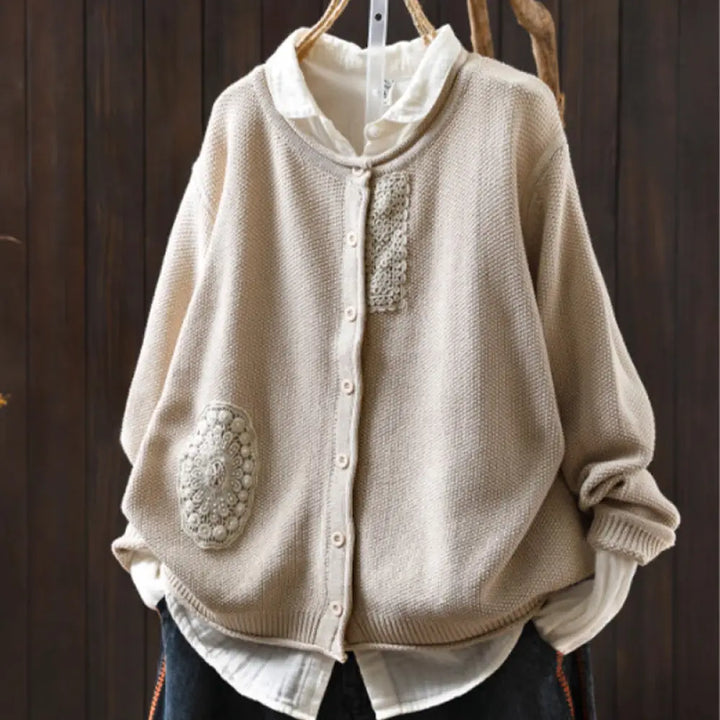 Buddha Stones Fall Floral Buttons Cotton Women’s Long Sleeve Knitted Cardigan Sweater - Beige / US4-6，UK/AU8-10，EU36-38