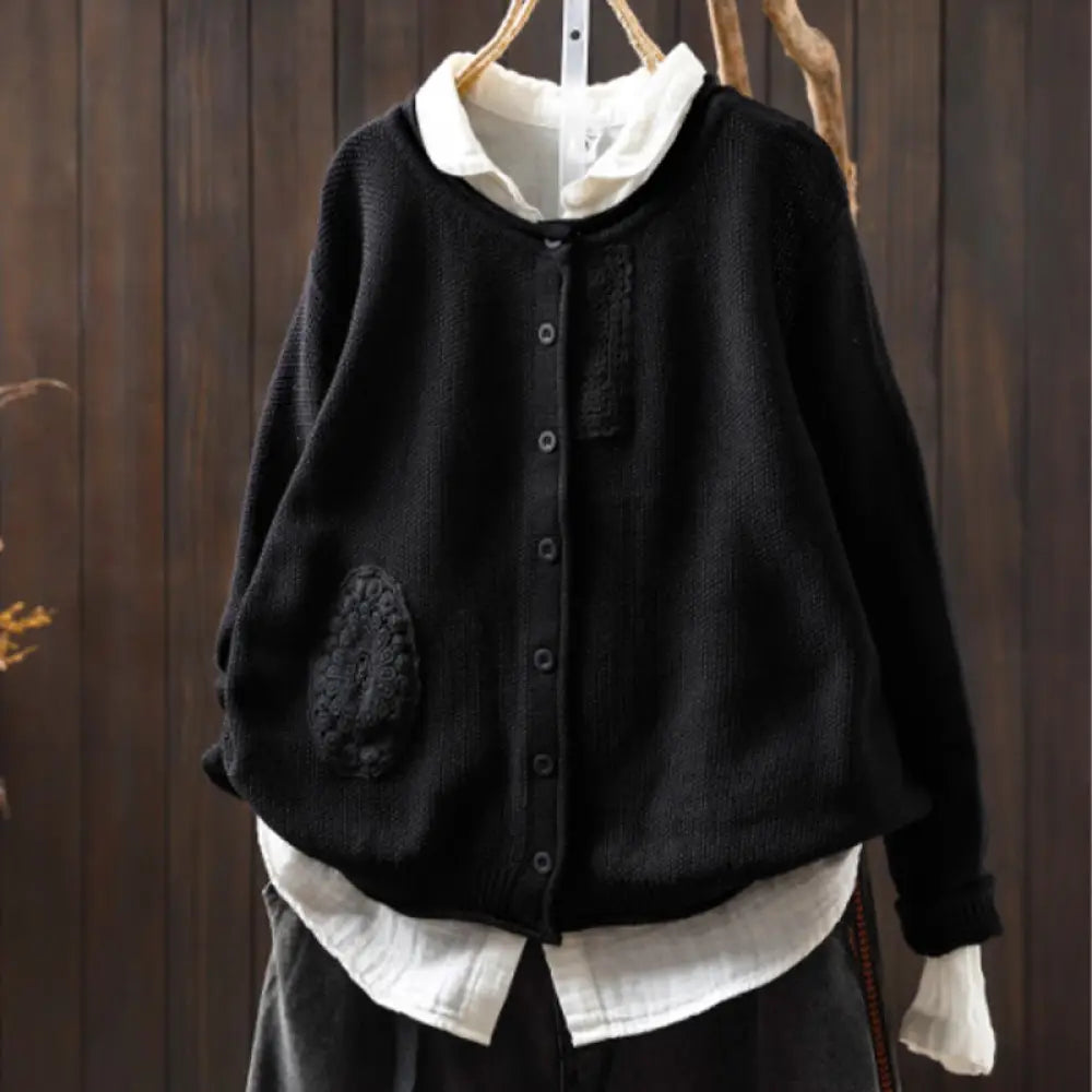 Buddha Stones Fall Floral Buttons Cotton Women’s Long Sleeve Knitted Cardigan Sweater - Black / US4-6，UK/AU8-10，EU36-38