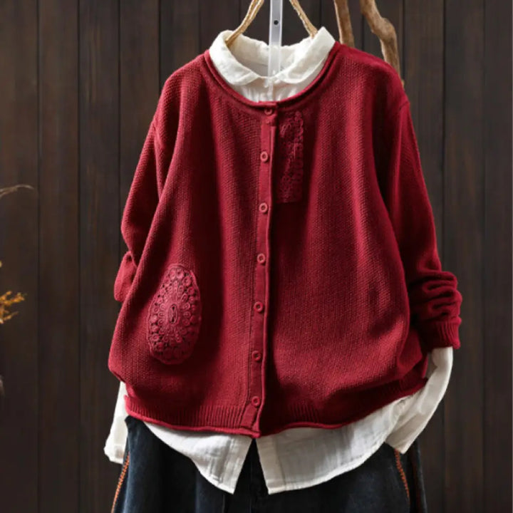 Buddha Stones Fall Floral Buttons Cotton Women’s Long Sleeve Knitted Cardigan Sweater - Red / US4-6，UK/AU8-10，EU36-38