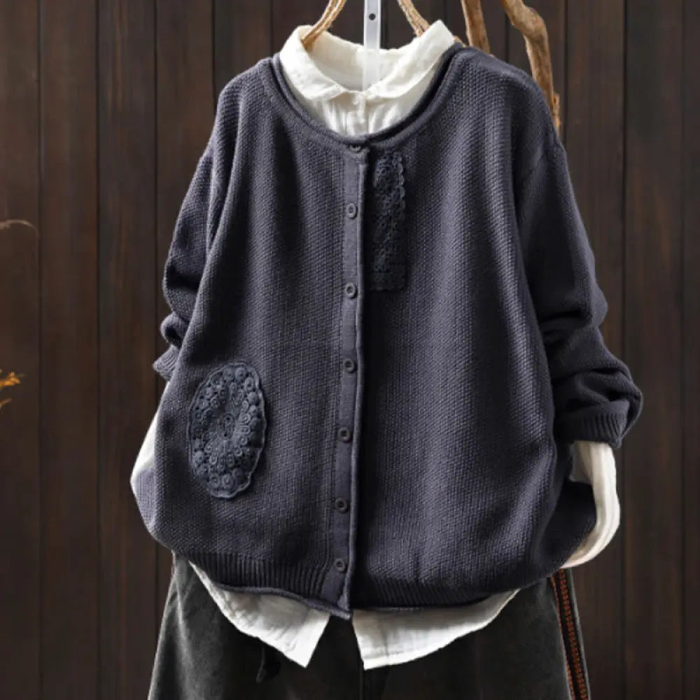 Buddha Stones Fall Floral Buttons Cotton Women’s Long Sleeve Knitted Cardigan Sweater - SlateGray
