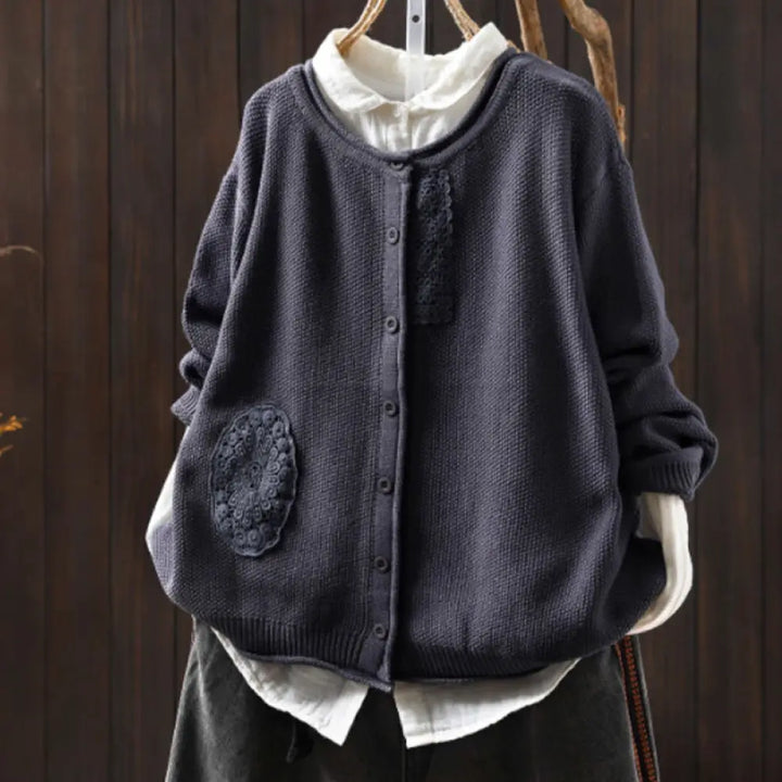 Buddha Stones Fall Floral Buttons Cotton Women’s Long Sleeve Knitted Cardigan Sweater - SlateGray