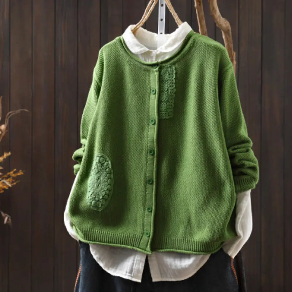 Buddha Stones Fall Floral Buttons Cotton Women’s Long Sleeve Knitted Cardigan Sweater - SpringGreen