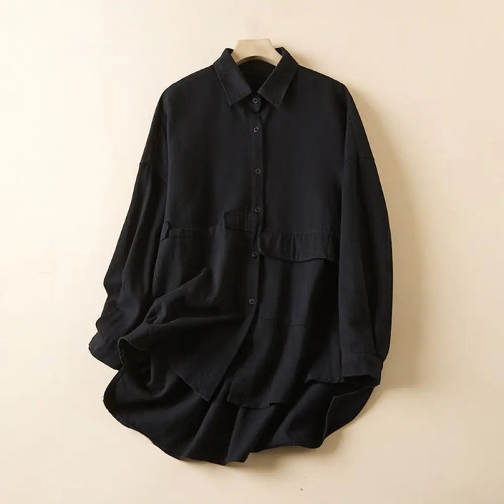 Buddha Stones Fall Irregular Design Long Sleeve Women’s Cotton Linen Lapel Jacket With Pockets - Black