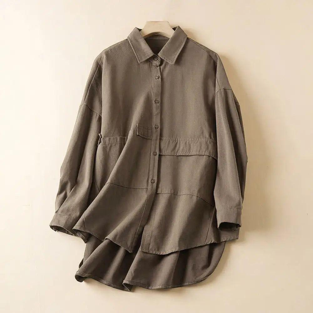 Buddha Stones Fall Irregular Design Long Sleeve Women’s Cotton Linen Lapel Jacket With Pockets - Tan / US6，UK/AU10，EU38