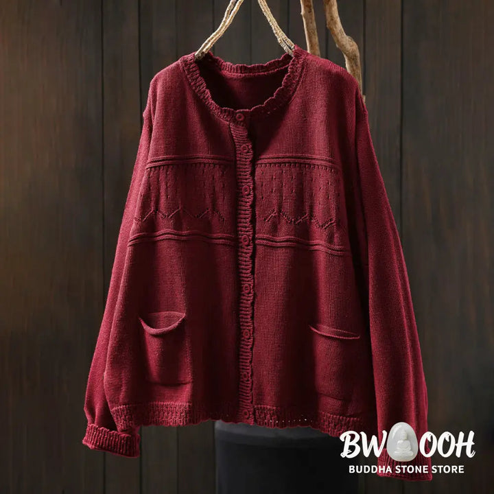 Buddha Stones Fall Lace Buttons Cotton Women’s Long Sleeve Knitted Cardigan Sweater With Pockets - Women’s Cardigan