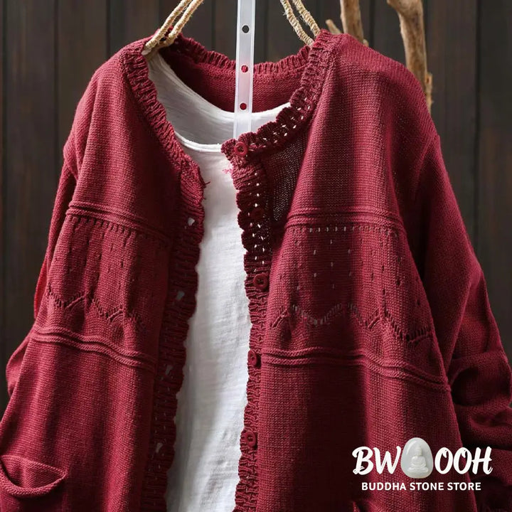 Buddha Stones Fall Lace Buttons Cotton Women’s Long Sleeve Knitted Cardigan Sweater With Pockets - Women’s Cardigan
