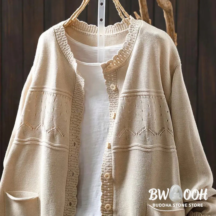 Buddha Stones Fall Lace Buttons Cotton Women’s Long Sleeve Knitted Cardigan Sweater With Pockets - Women’s Cardigan