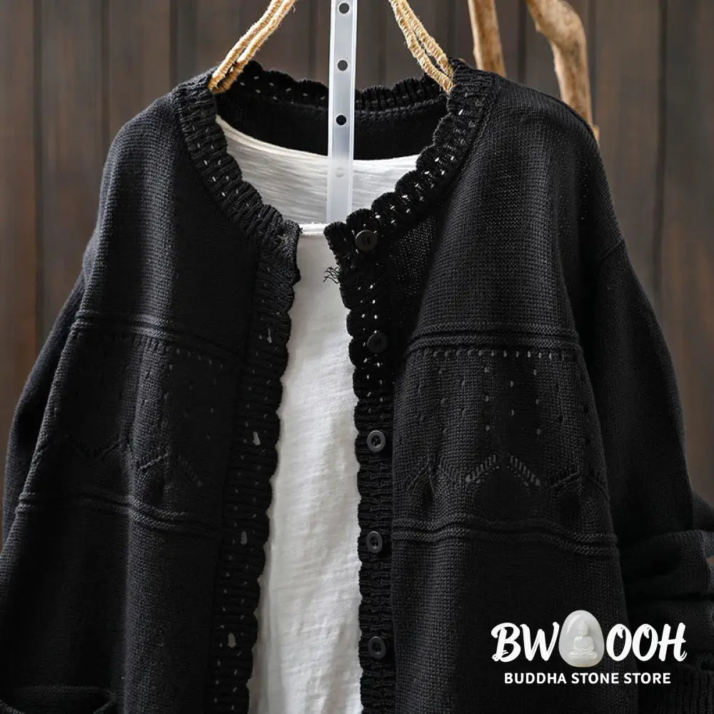 Buddha Stones Fall Lace Buttons Cotton Women’s Long Sleeve Knitted Cardigan Sweater With Pockets - Women’s Cardigan