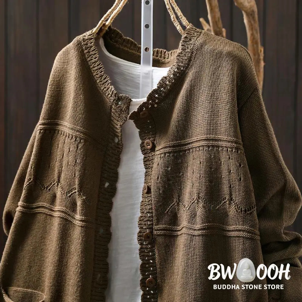 Buddha Stones Fall Lace Buttons Cotton Women’s Long Sleeve Knitted Cardigan Sweater With Pockets - Women’s Cardigan