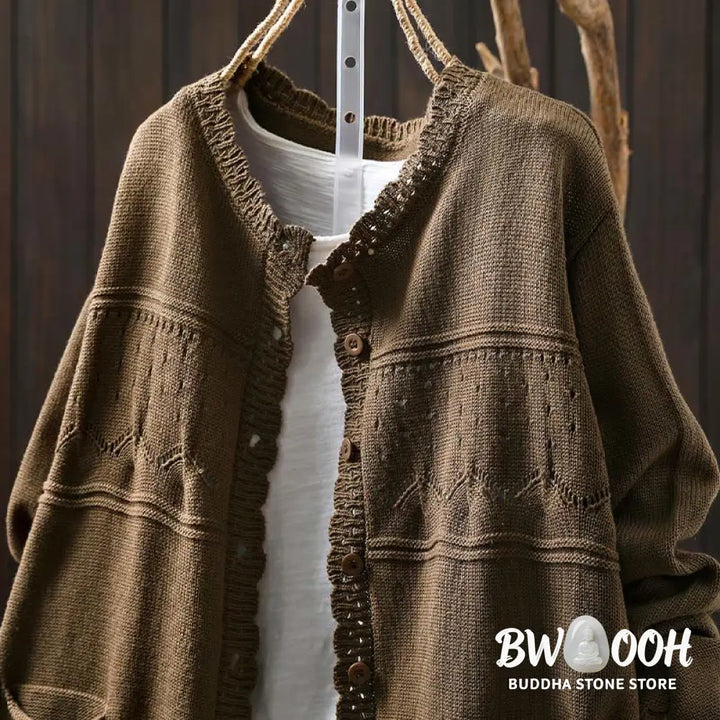 Buddha Stones Fall Lace Buttons Cotton Women’s Long Sleeve Knitted Cardigan Sweater With Pockets - Women’s Cardigan