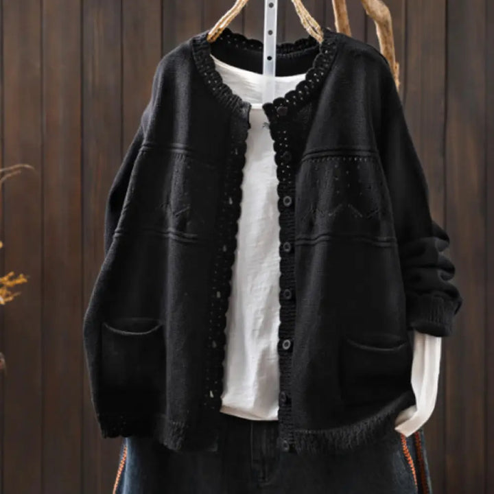 Buddha Stones Fall Lace Buttons Cotton Women’s Long Sleeve Knitted Cardigan Sweater With Pockets - Black