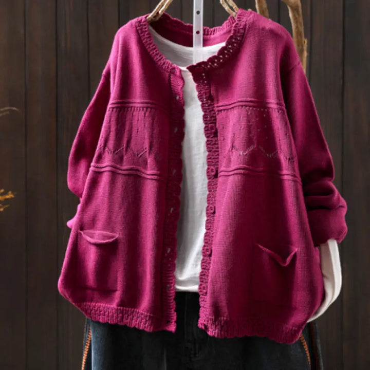 Buddha Stones Fall Lace Buttons Cotton Women’s Long Sleeve Knitted Cardigan Sweater With Pockets - DeepPink