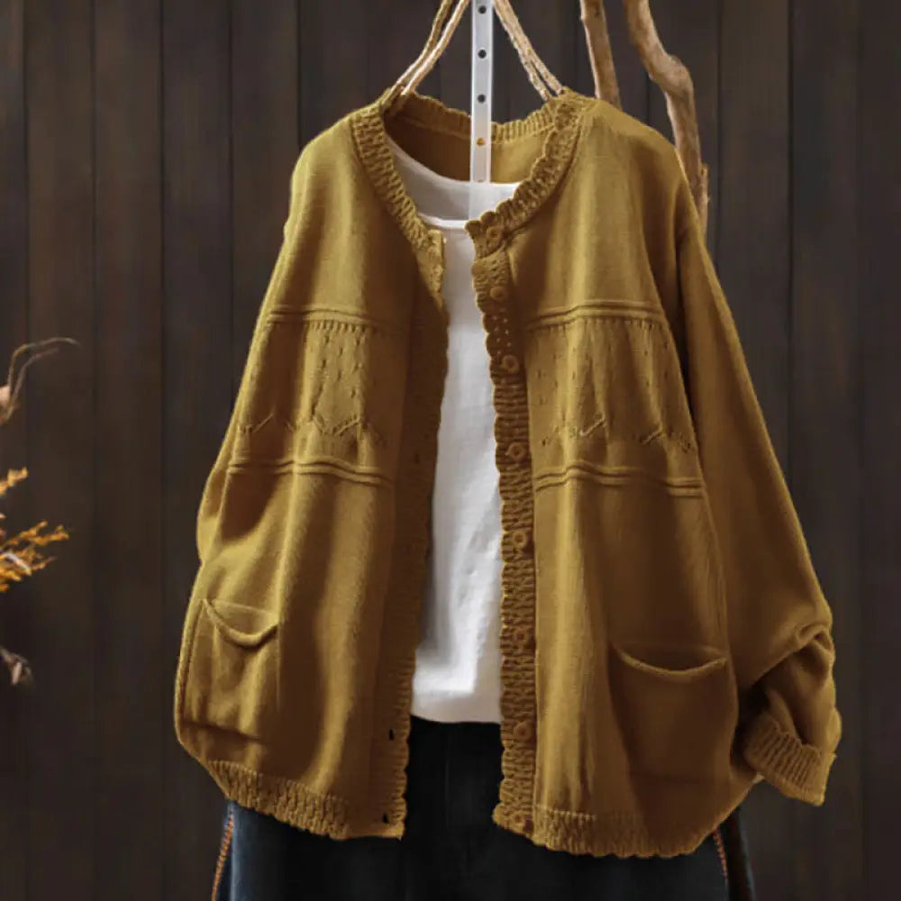 Buddha Stones Fall Lace Buttons Cotton Women’s Long Sleeve Knitted Cardigan Sweater With Pockets - Goldenrod