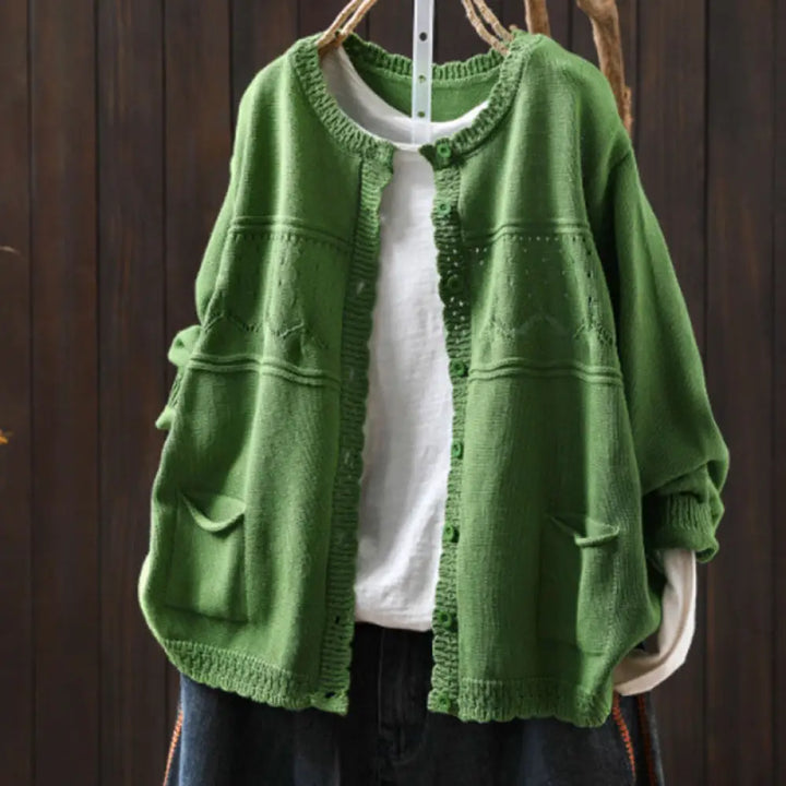 Buddha Stones Fall Lace Buttons Cotton Women’s Long Sleeve Knitted Cardigan Sweater With Pockets - PaleGreen