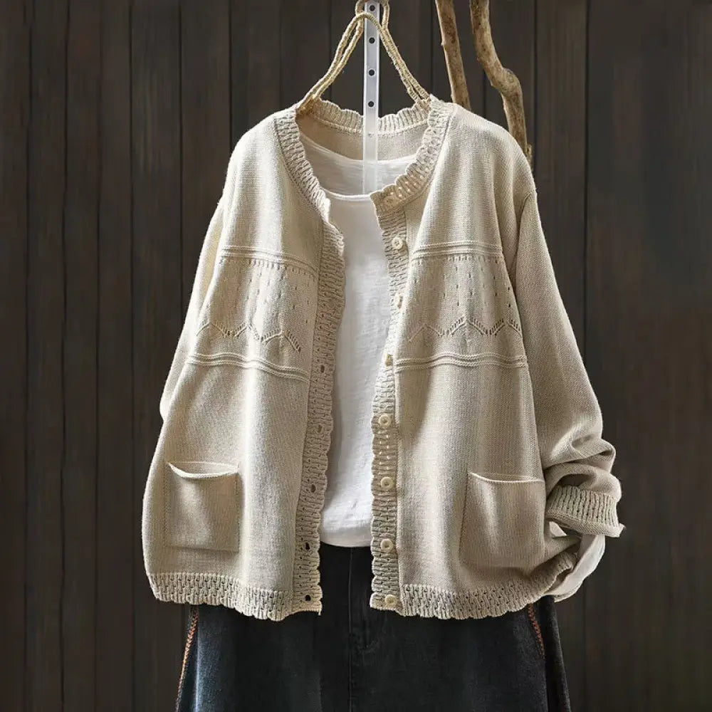 Buddha Stones Fall Lace Buttons Cotton Women’s Long Sleeve Knitted Cardigan Sweater With Pockets - Seashell