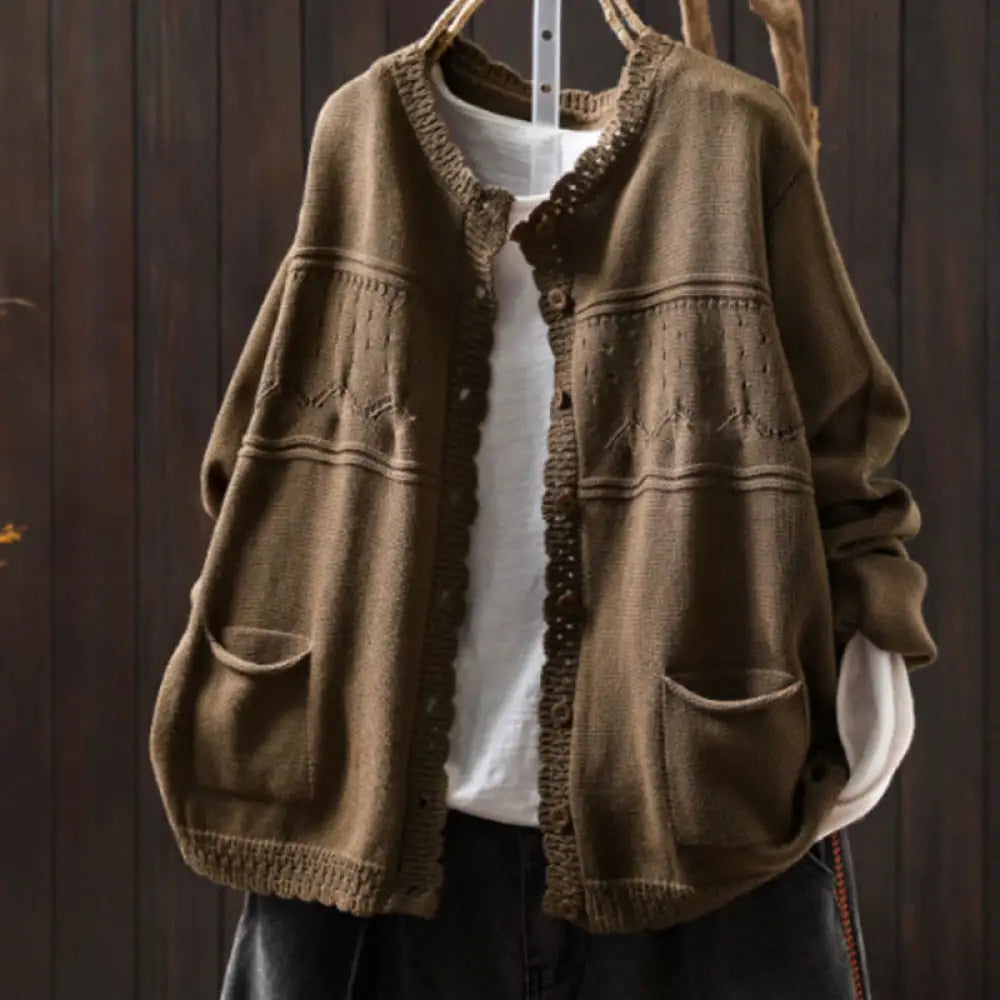 Buddha Stones Fall Lace Buttons Cotton Women’s Long Sleeve Knitted Cardigan Sweater With Pockets - Tan