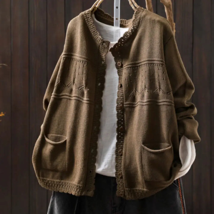Buddha Stones Fall Lace Buttons Cotton Women’s Long Sleeve Knitted Cardigan Sweater With Pockets - Tan