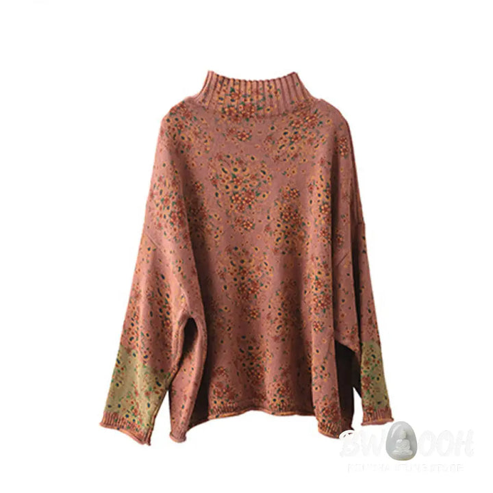 Buddha Stones Fall Printing Floral Long Sleeve Mock Neck Women’s Knitted Cotton Sweater - Women’s Sweater