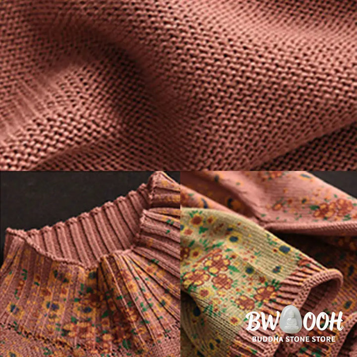 Buddha Stones Fall Printing Floral Long Sleeve Mock Neck Women’s Knitted Cotton Sweater - Women’s Sweater
