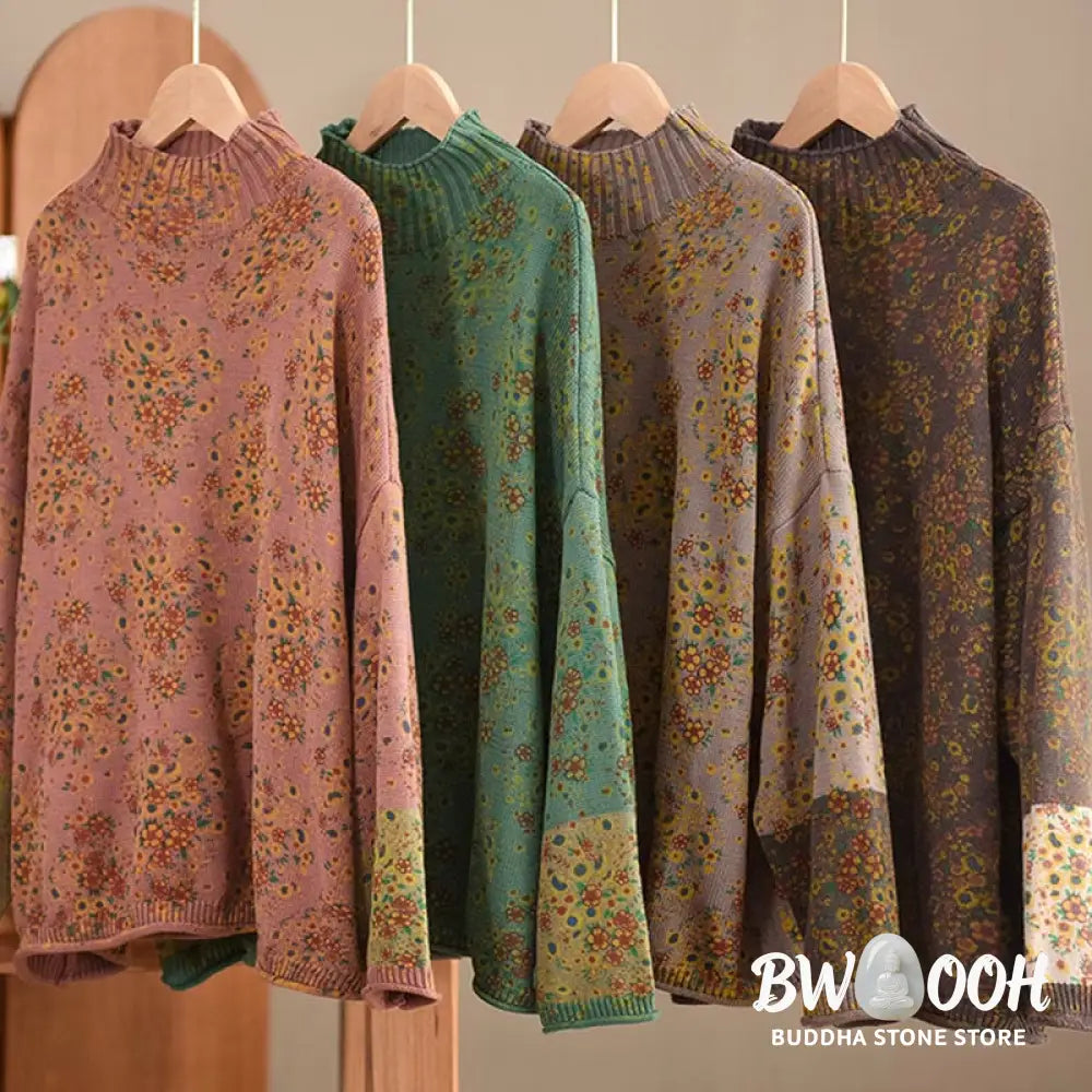 Buddha Stones Fall Printing Floral Long Sleeve Mock Neck Women’s Knitted Cotton Sweater - Women’s Sweater