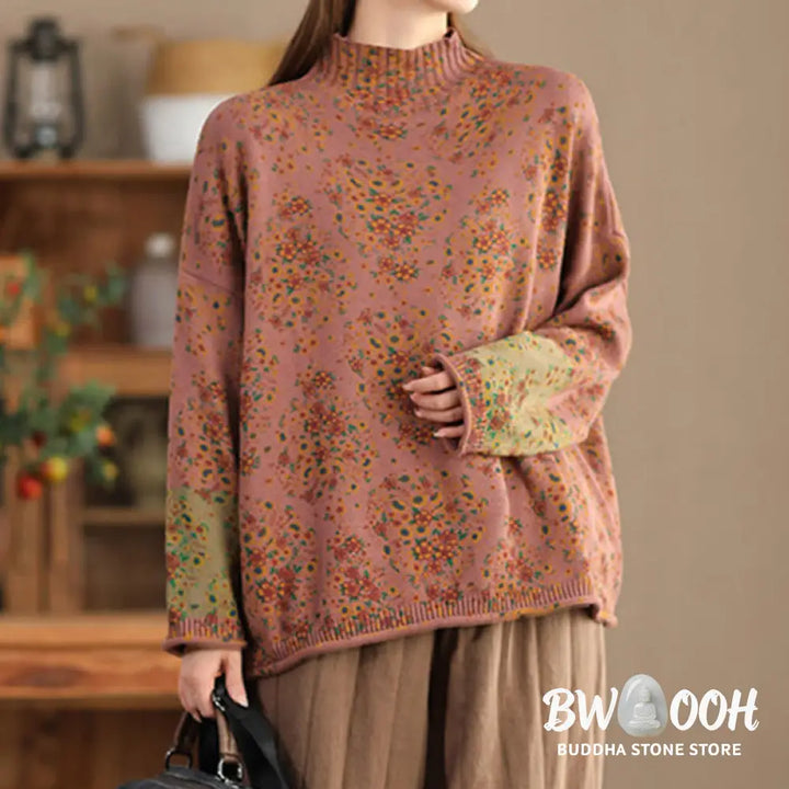 Buddha Stones Fall Printing Floral Long Sleeve Mock Neck Women’s Knitted Cotton Sweater - Women’s Sweater