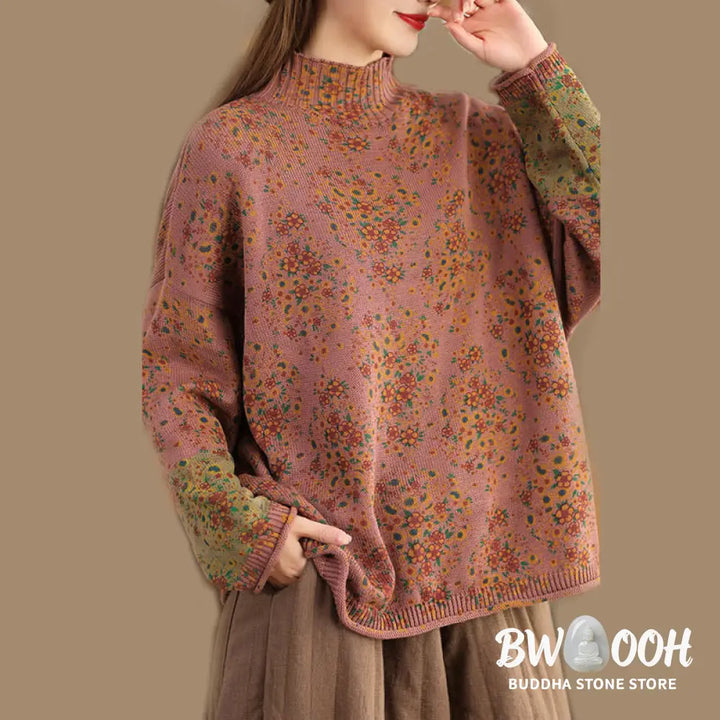 Buddha Stones Fall Printing Floral Long Sleeve Mock Neck Women’s Knitted Cotton Sweater - Women’s Sweater
