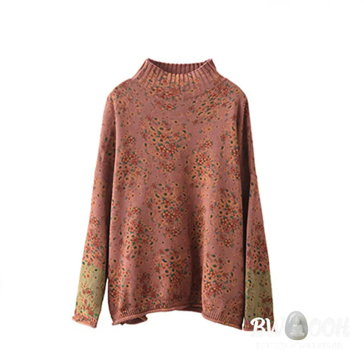 Buddha Stones Fall Printing Floral Long Sleeve Mock Neck Women’s Knitted Cotton Sweater - Women’s Sweater