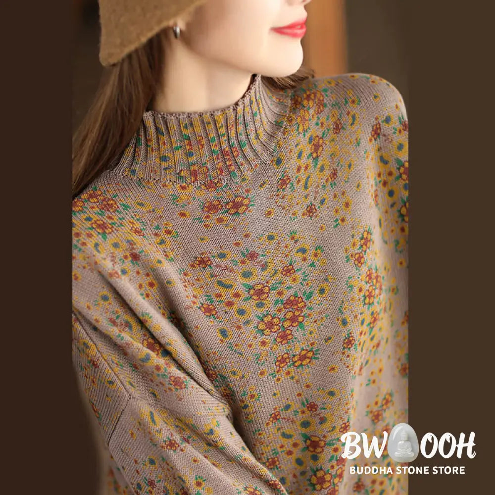 Buddha Stones Fall Printing Floral Long Sleeve Mock Neck Women’s Knitted Cotton Sweater - Women’s Sweater