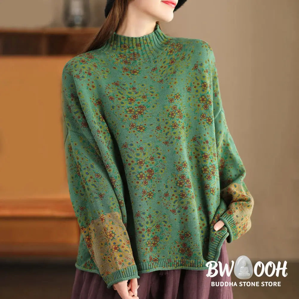 Buddha Stones Fall Printing Floral Long Sleeve Mock Neck Women’s Knitted Cotton Sweater - Women’s Sweater