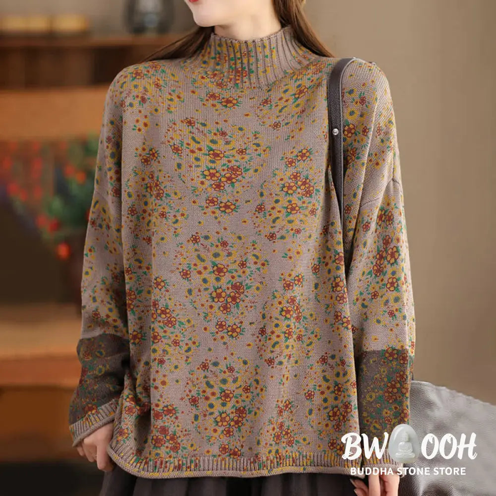 Buddha Stones Fall Printing Floral Long Sleeve Mock Neck Women’s Knitted Cotton Sweater - Women’s Sweater