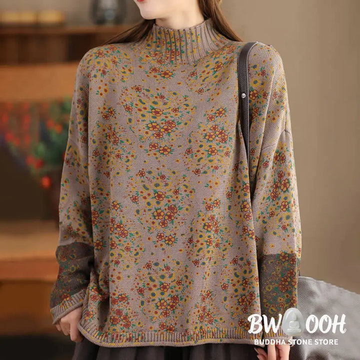 Buddha Stones Fall Printing Floral Long Sleeve Mock Neck Women’s Knitted Cotton Sweater - Women’s Sweater