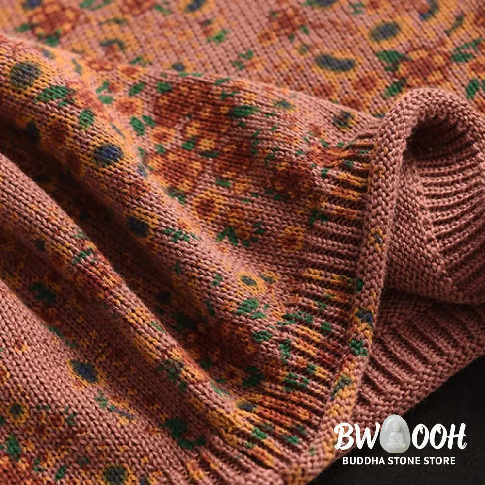 Buddha Stones Fall Printing Floral Long Sleeve Mock Neck Women’s Knitted Cotton Sweater - Women’s Sweater