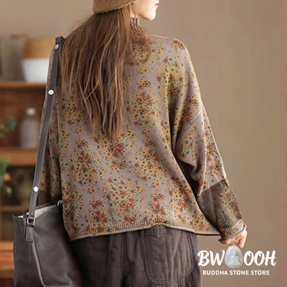 Buddha Stones Fall Printing Floral Long Sleeve Mock Neck Women’s Knitted Cotton Sweater - Women’s Sweater