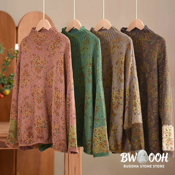 Buddha Stones Fall Printing Floral Long Sleeve Mock Neck Women’s Knitted Cotton Sweater - Women’s Sweater