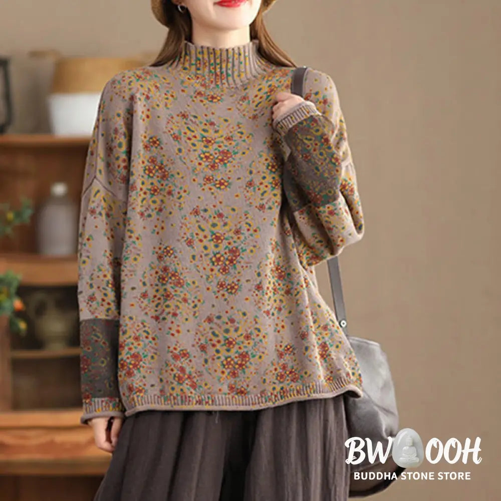 Buddha Stones Fall Printing Floral Long Sleeve Mock Neck Women’s Knitted Cotton Sweater - Women’s Sweater