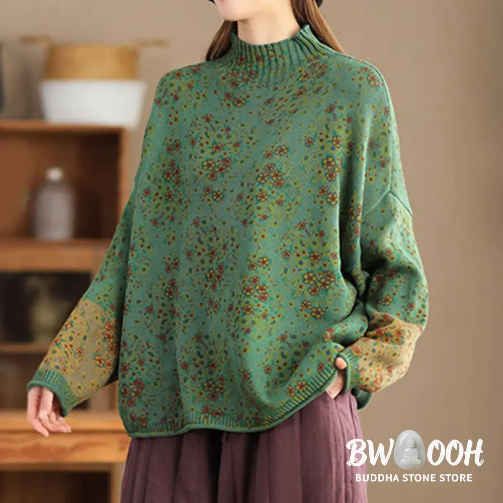Buddha Stones Fall Printing Floral Long Sleeve Mock Neck Women’s Knitted Cotton Sweater - Women’s Sweater