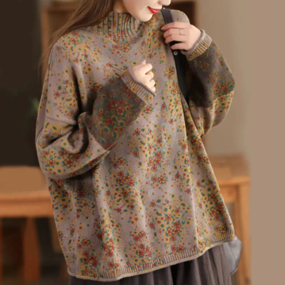 Buddha Stones Fall Printing Floral Long Sleeve Mock Neck Women’s Knitted Cotton Sweater - BurlyWood