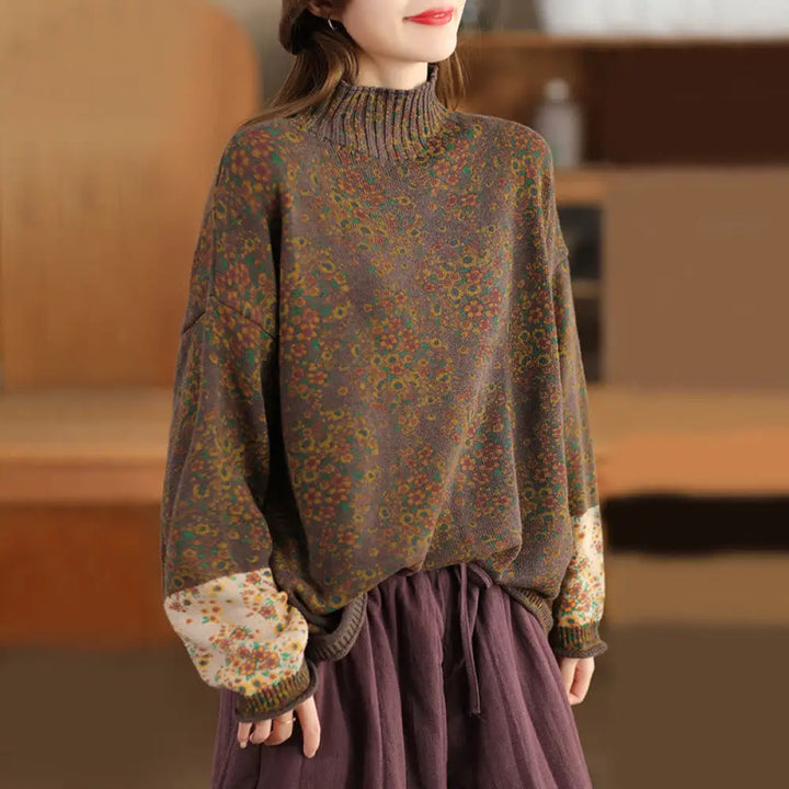Buddha Stones Fall Printing Floral Long Sleeve Mock Neck Women’s Knitted Cotton Sweater - SaddleBrown