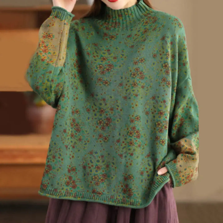 Buddha Stones Fall Printing Floral Long Sleeve Mock Neck Women’s Knitted Cotton Sweater - SeaGreen
