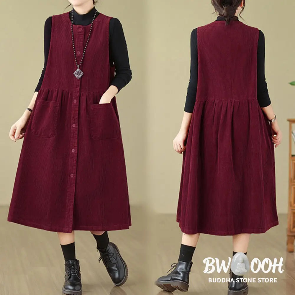 Buddha Stones Fall Retro Buttons Design Corduroy Sleeveless Midi Dress With Pockets - Midi Dress